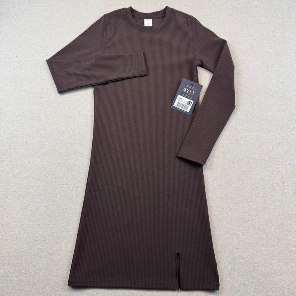 BYLT Basics Rib Long Sleeve Split Hem Dress Coffee Brown XS NWT